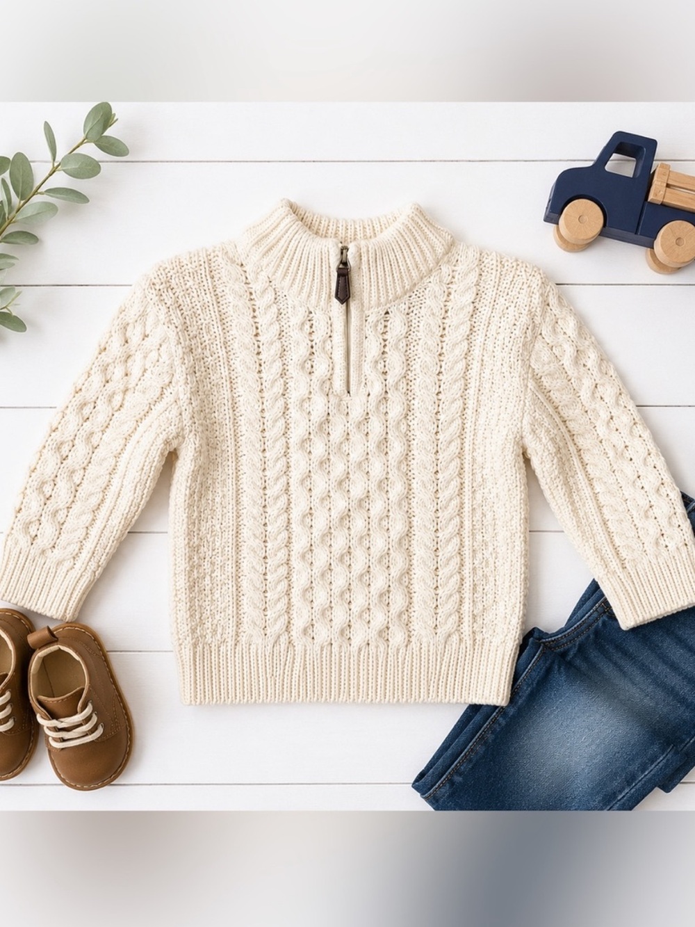 Aran Sweater Market 100% Merino Wool Kids Quarter Zip Sweater Size 8-10 Years